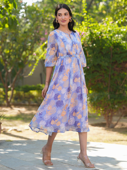 Janasya Dark Georgette Floral A-Line Dress
