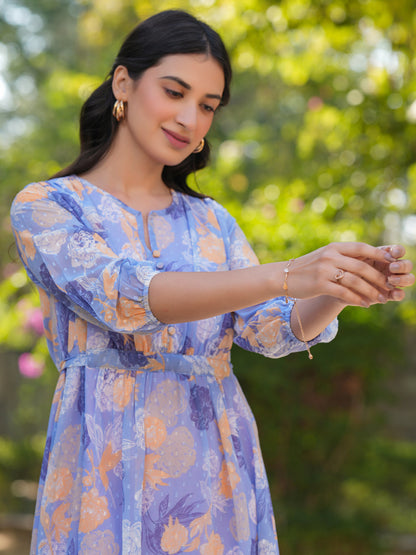 Janasya Dark Georgette Floral A-Line Dress