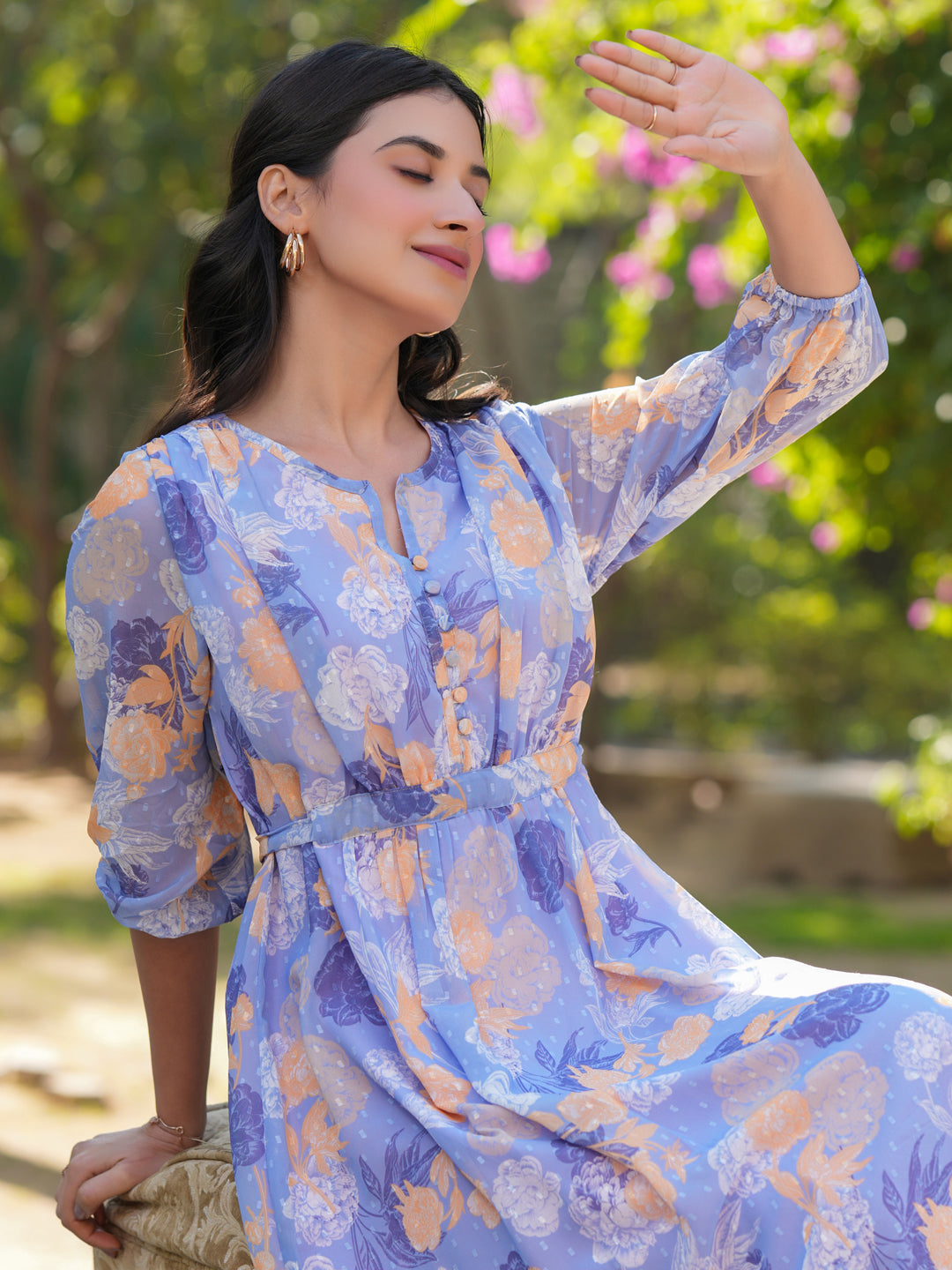 Janasya Dark Georgette Floral A-Line Dress