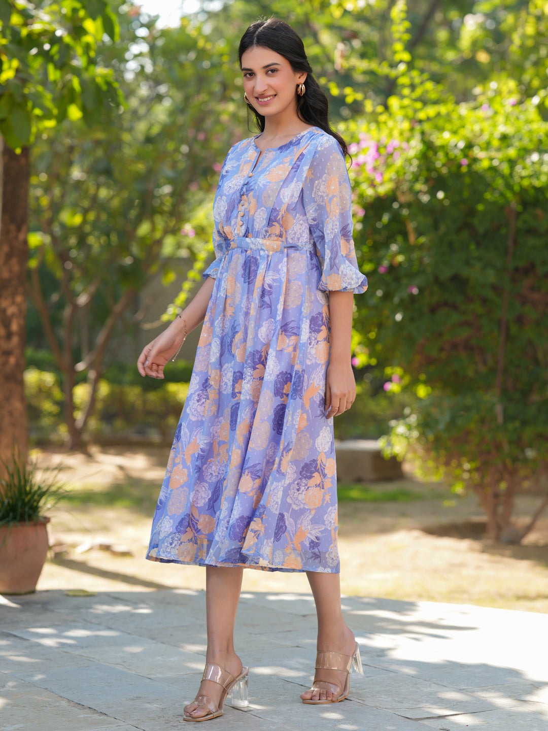 Janasya Dark Georgette Floral A-Line Dress
