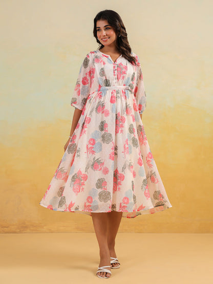 Janasya Light Georgette Floral Flared Dress