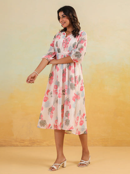 Janasya Light Georgette Floral Flared Dress