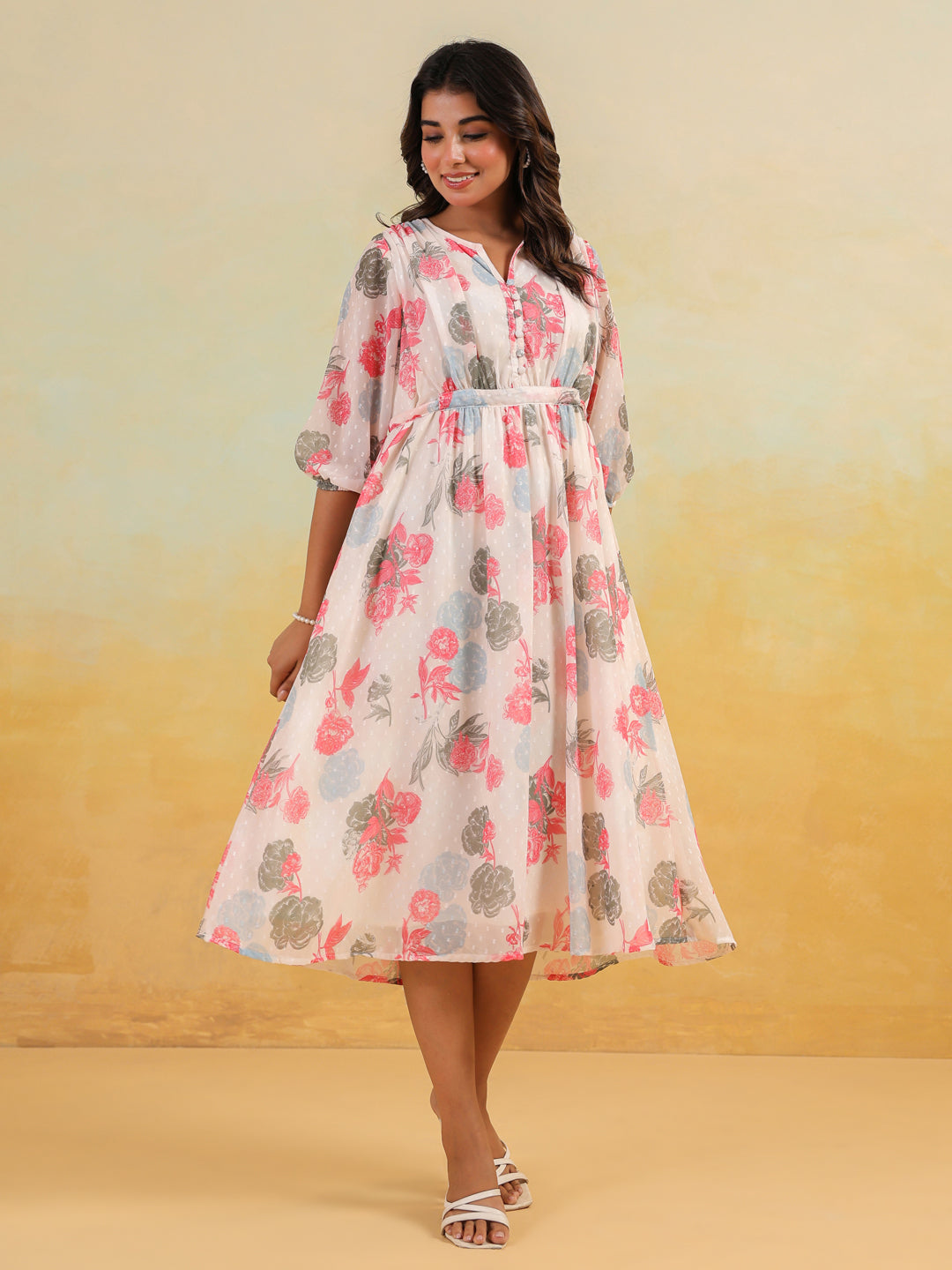 Janasya Light Georgette Floral Flared Dress
