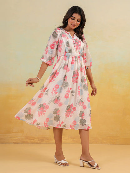 Janasya Light Georgette Floral Flared Dress