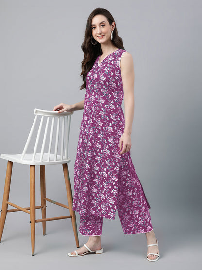 Janasya Bright Cotton Floral A-Line Kurta Set