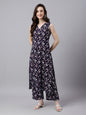 Janasya Dark Cotton Floral A-Line Kurta Set