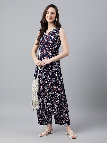 Janasya Dark Cotton Floral A-Line Kurta Set