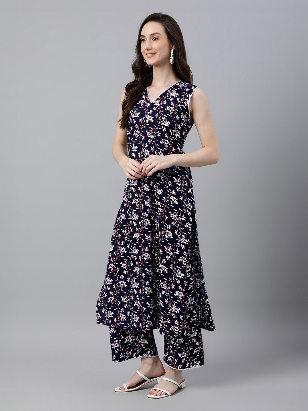 Janasya Dark Cotton Floral A-Line Kurta Set