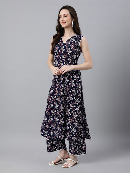 Janasya Dark Cotton Floral A-Line Kurta Set