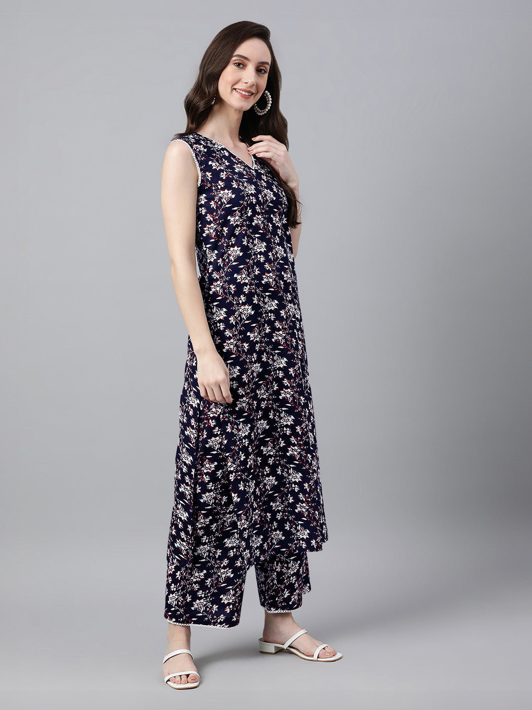 Janasya Dark Cotton Floral A-Line Kurta Set