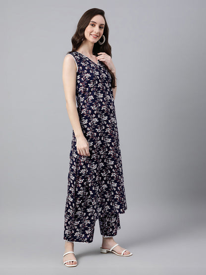 Janasya Dark Cotton Floral A-Line Kurta Set