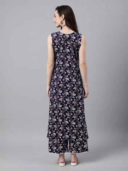 Janasya Dark Cotton Floral A-Line Kurta Set