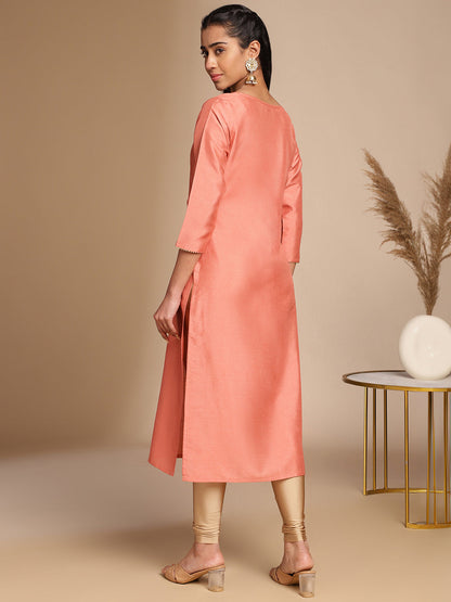 Janasya Peach Crepe Silk Solid Straight Kurta