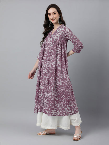 Janasya Light Cotton Floral Flared Kurta