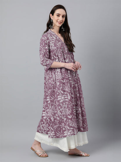 Janasya Light Cotton Floral Flared Kurta