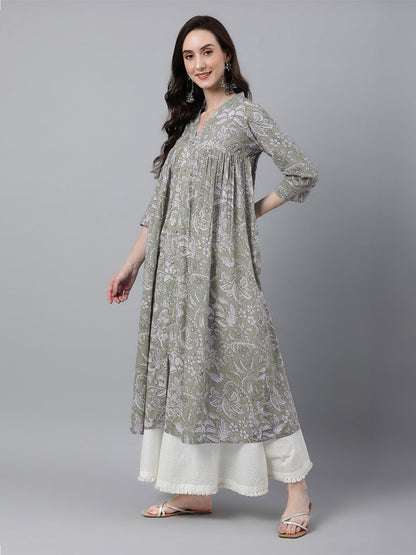 Janasya Light Cotton Floral Flared Kurta