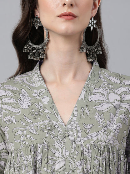 Janasya Light Cotton Floral Flared Kurta
