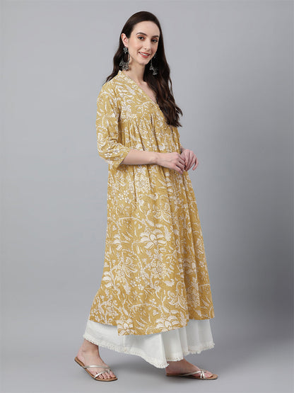 Janasya Light Cotton Floral Flared Kurta