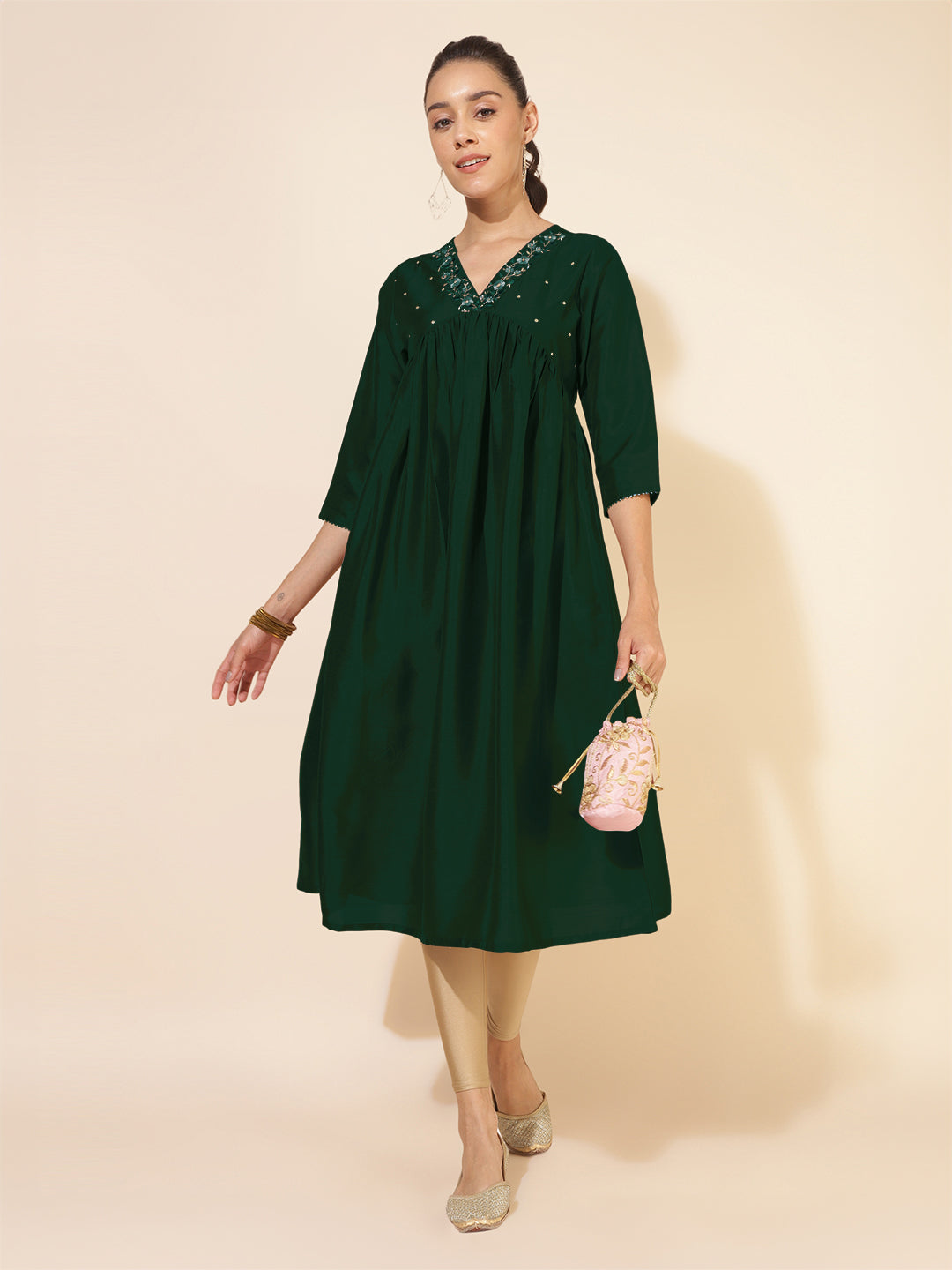 Janasya Dark Silk Blend Embroidered A-Line Kurta