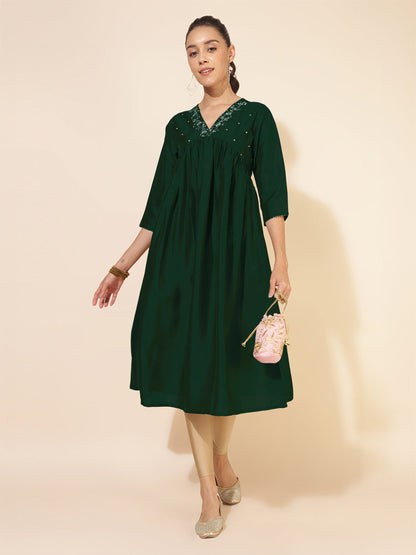 Janasya Dark Silk Blend Embroidered A-Line Kurta