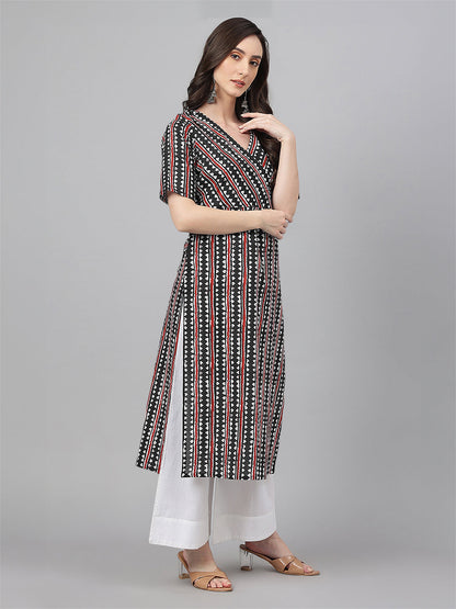 Janasya Dark Cotton Geometric Straight Kurta