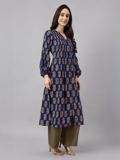 Janasya Dark Cotton Floral A-Line Kurta