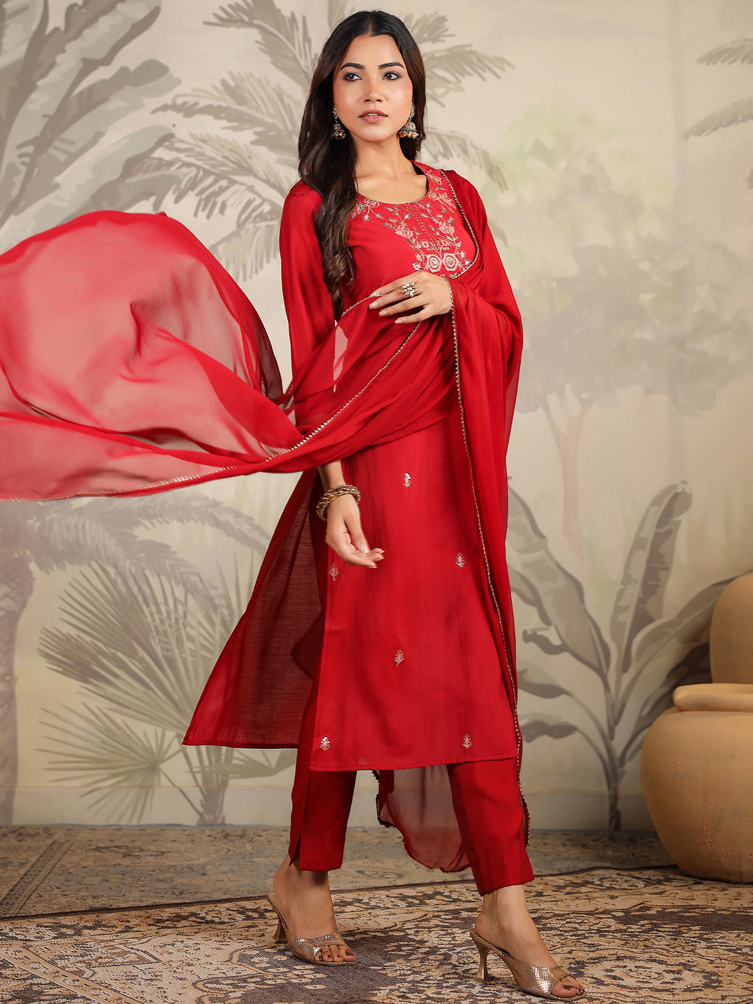 Janasya Dark Chanderi Embroidered Straight Kurta Set