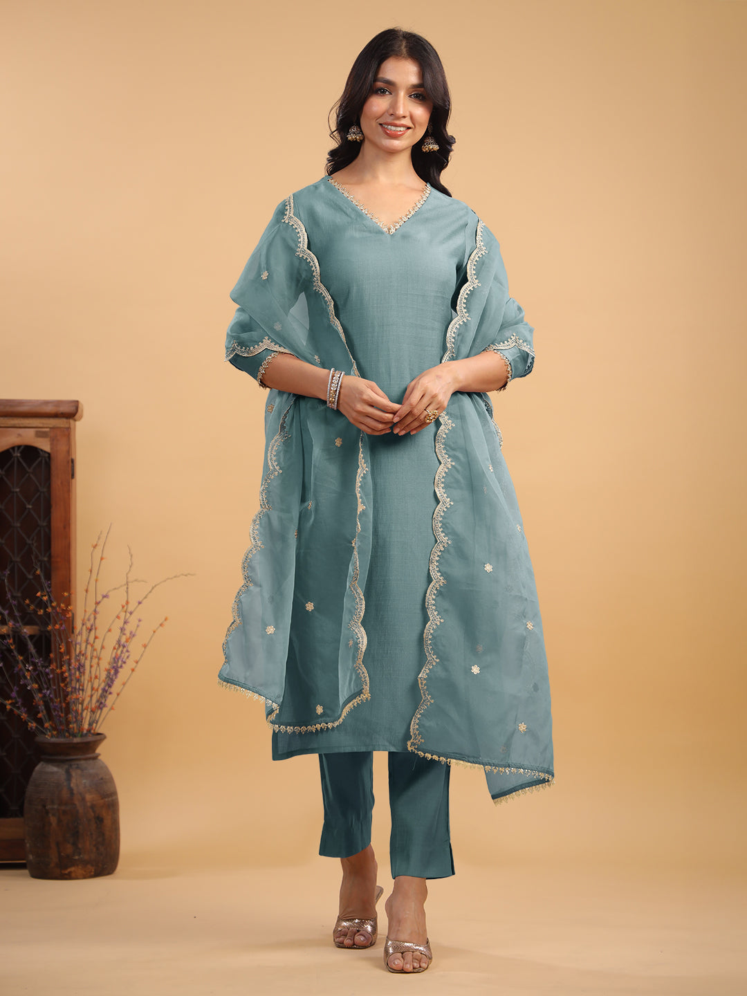 Janasya Light Chanderi Solid Straight Kurta Set