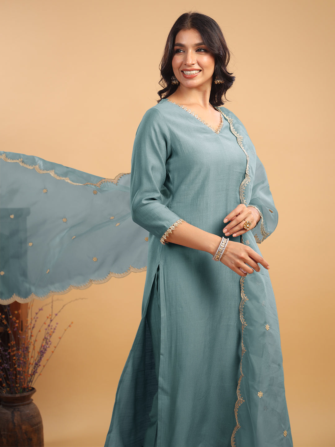 Janasya Light Chanderi Solid Straight Kurta Set