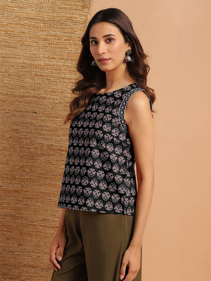 Janasya Dark Cotton Floral Regular Top