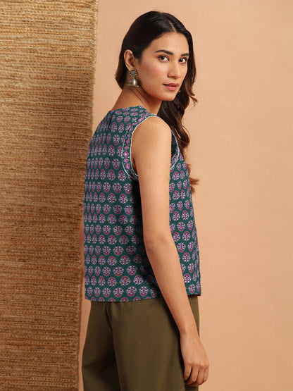 Janasya Dark Cotton Floral Regular Top