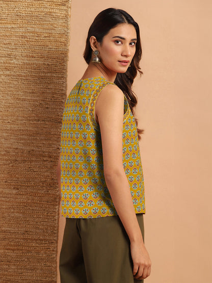Janasya Dark Cotton Floral Straight Top