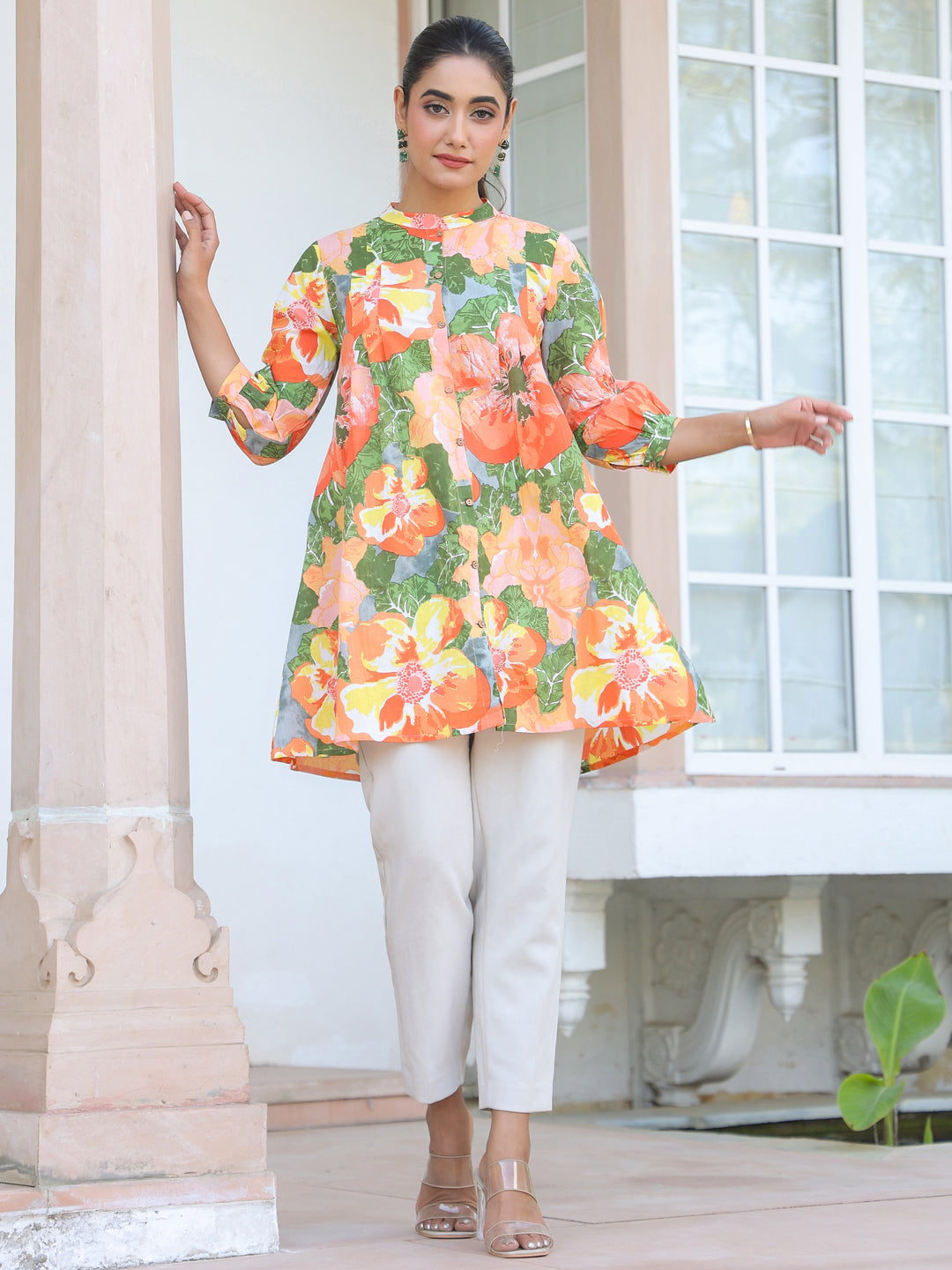 Janasya Bright Cotton Floral A-Line Tunic