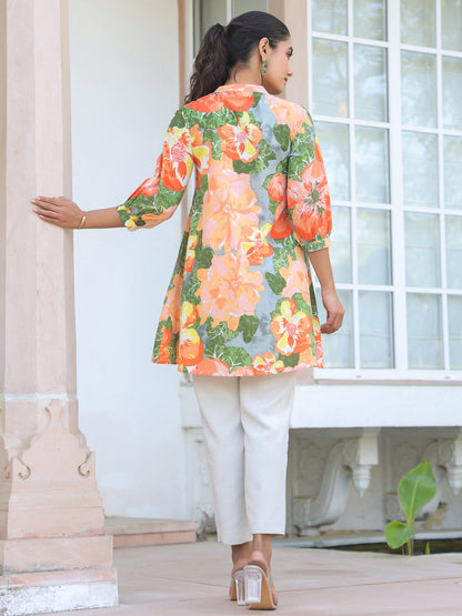 Janasya Bright Cotton Floral A-Line Tunic