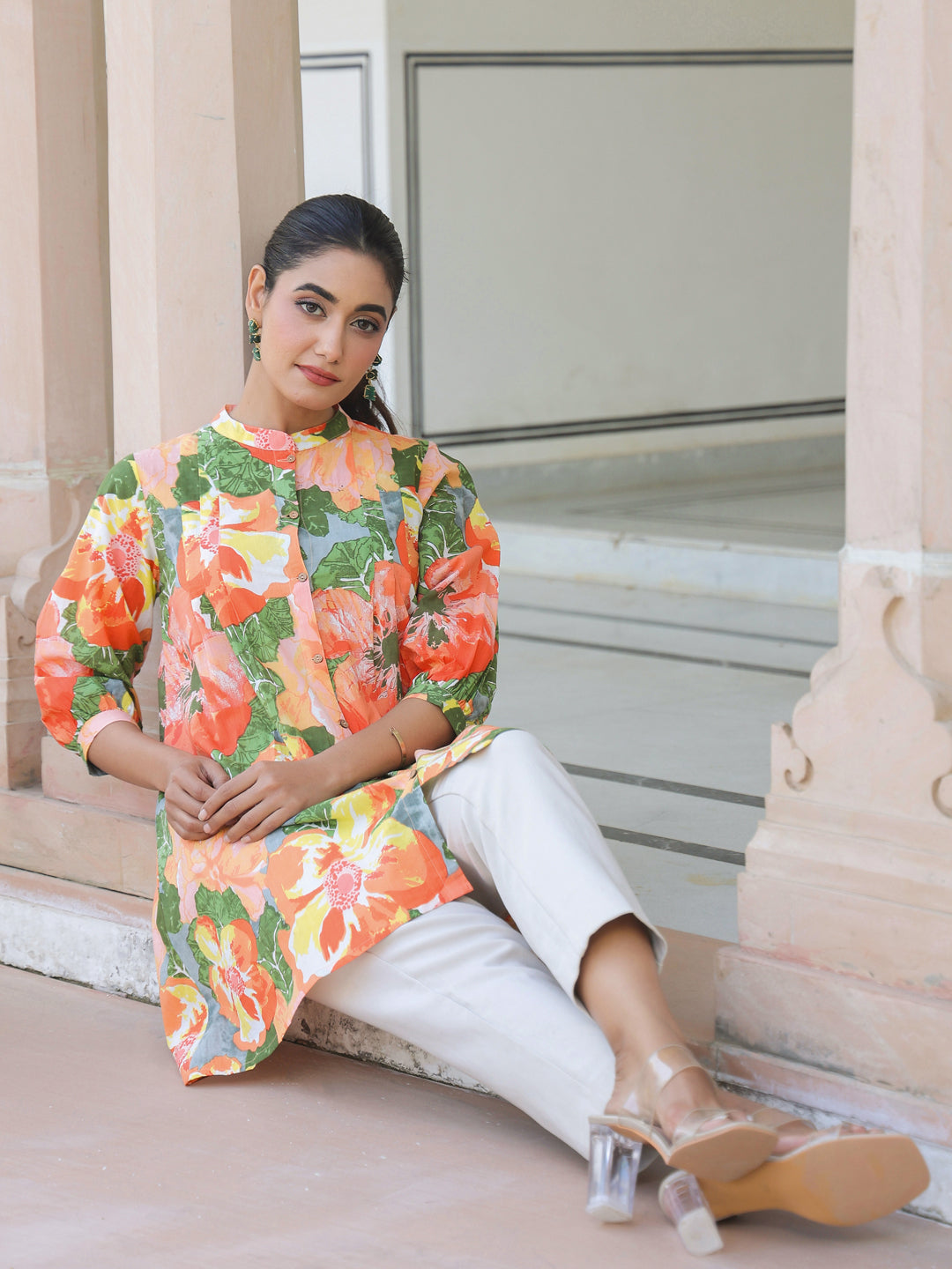 Janasya Bright Cotton Floral A-Line Tunic