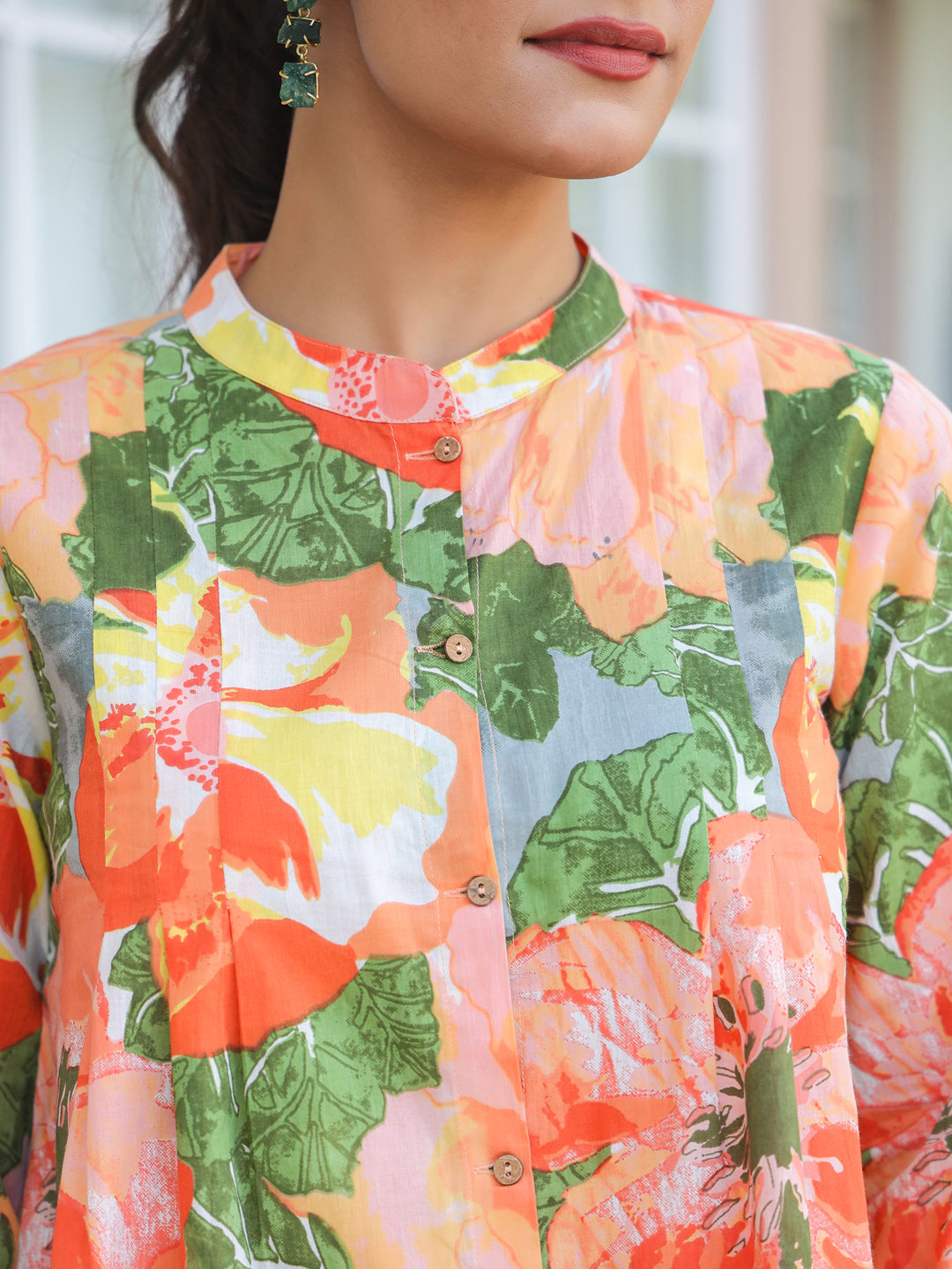Janasya Bright Cotton Floral A-Line Tunic