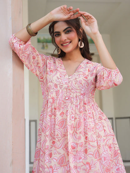 Janasya Light Georgette Floral Gathering Tunic