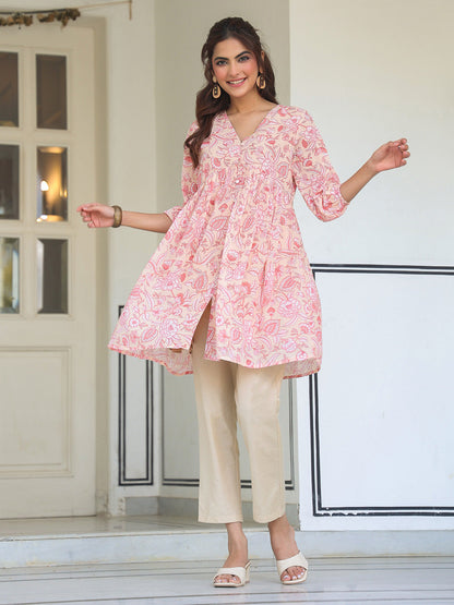 Janasya Light Georgette Floral Gathering Tunic