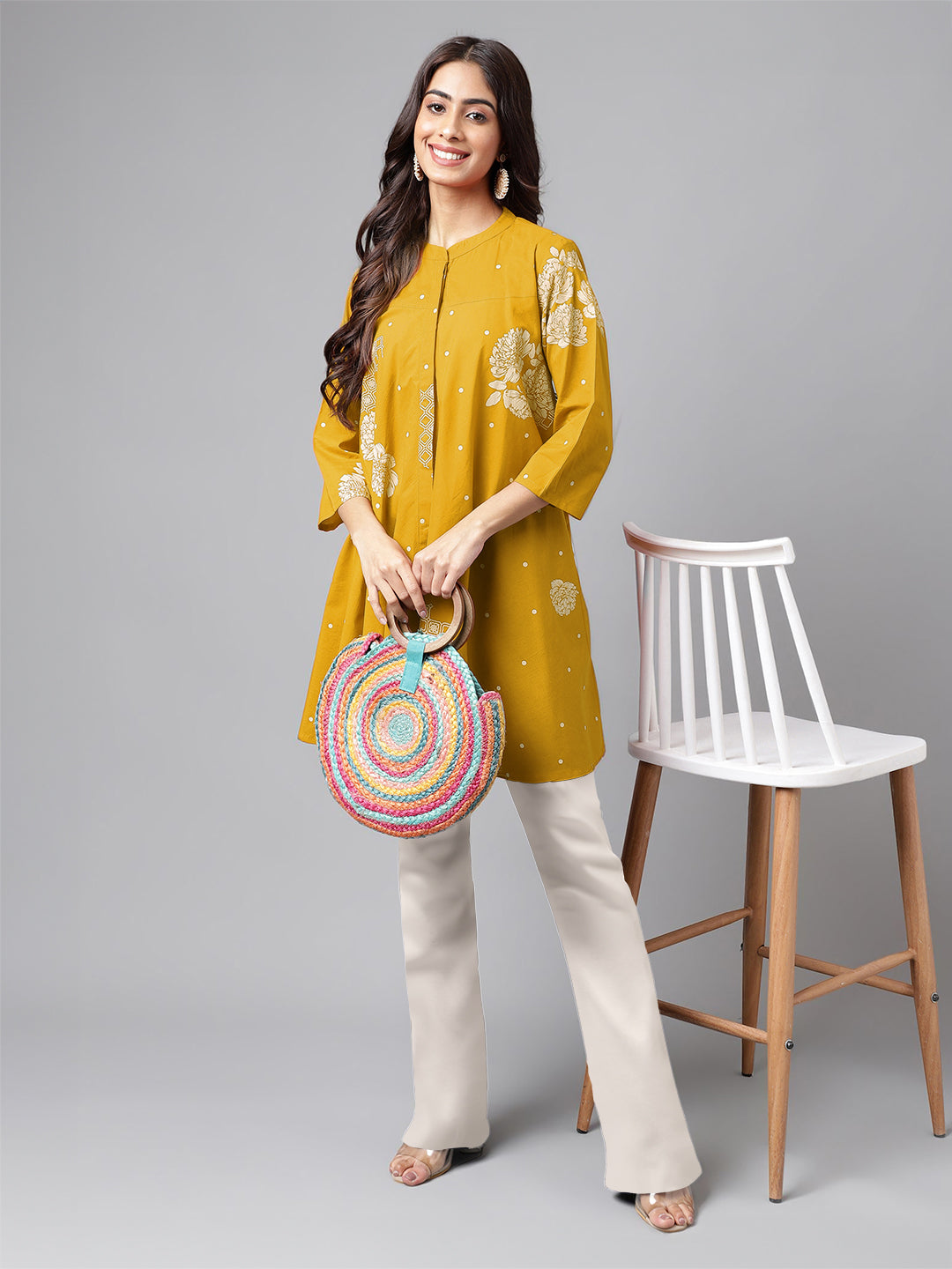 Janasya Bright Cotton Floral Flared Tunic