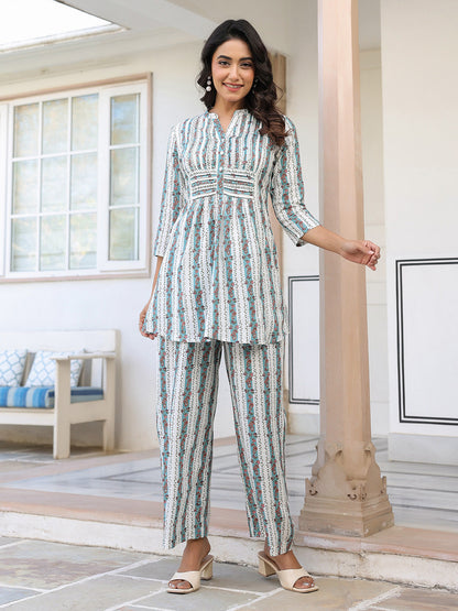 Janasya Light Cotton Floral A-Line Top & Bottom Set