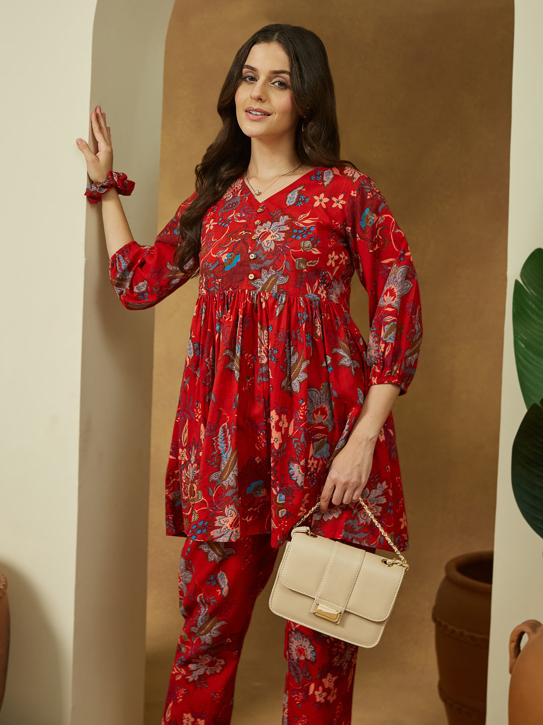 Janasya Bright Cotton Floral Peplum Top & Bottom Set