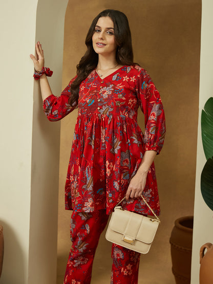 Janasya Bright Cotton Floral Peplum Top & Bottom Set