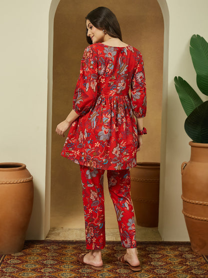 Janasya Bright Cotton Floral Peplum Top & Bottom Set