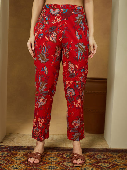 Janasya Bright Cotton Floral Peplum Top & Bottom Set