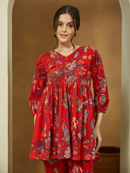 Janasya Bright Cotton Floral Peplum Top & Bottom Set