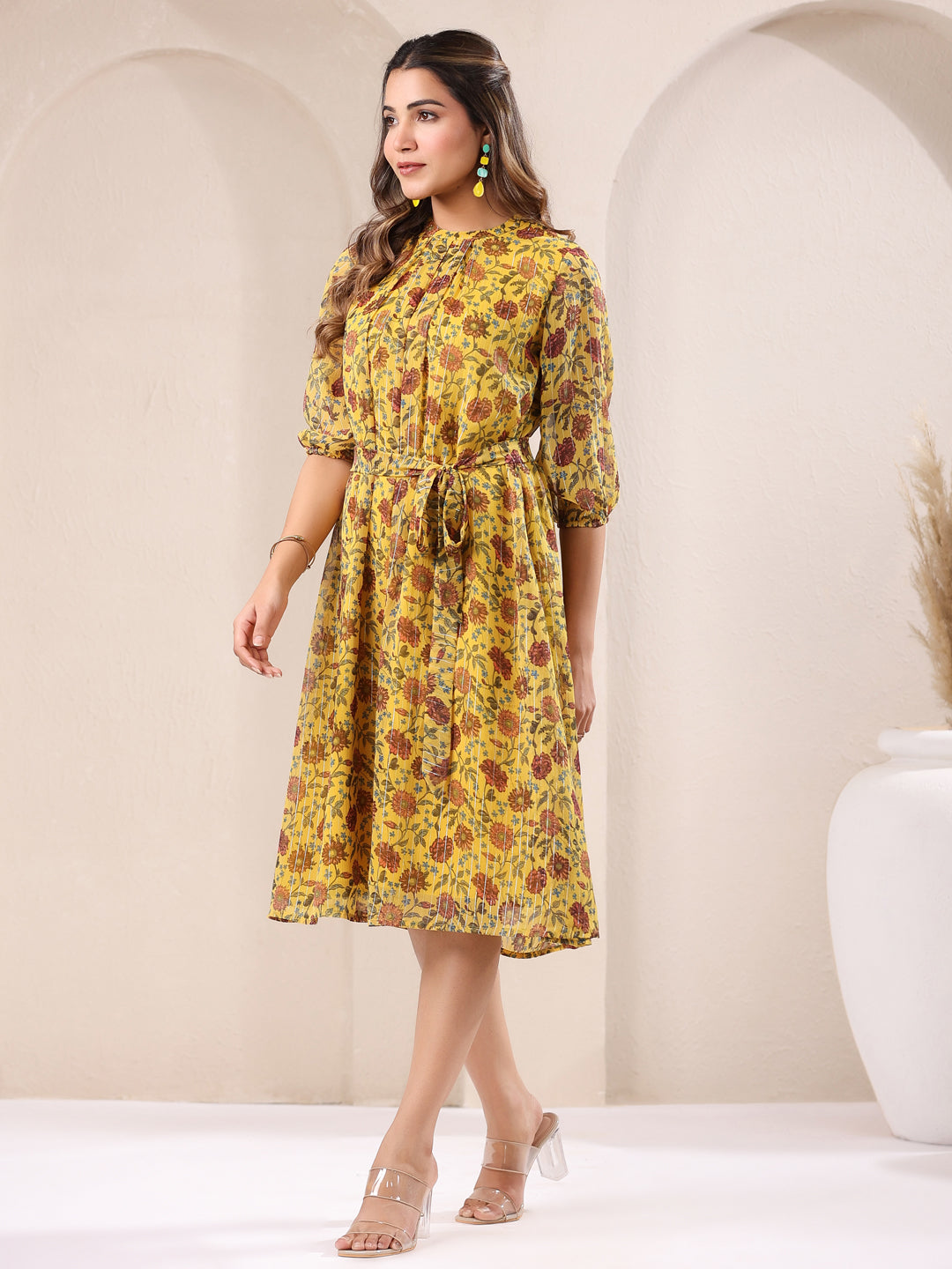Janasya Bright Georgette Floral A-Line Dress