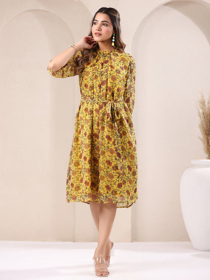 Janasya Bright Georgette Floral A-Line Dress