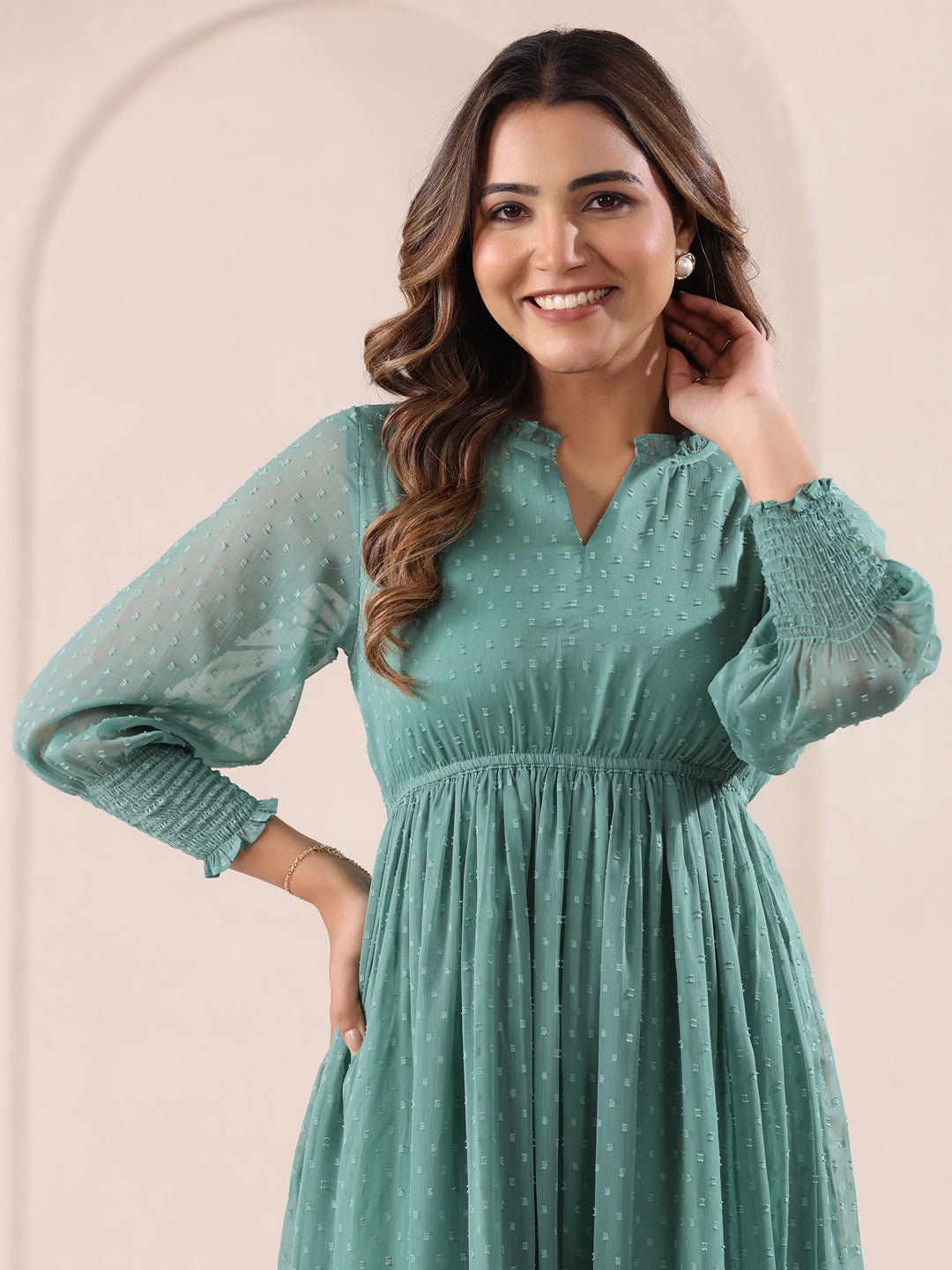 Janasya Dark Dobby Chiffon Self Design Fit & Flare Dress