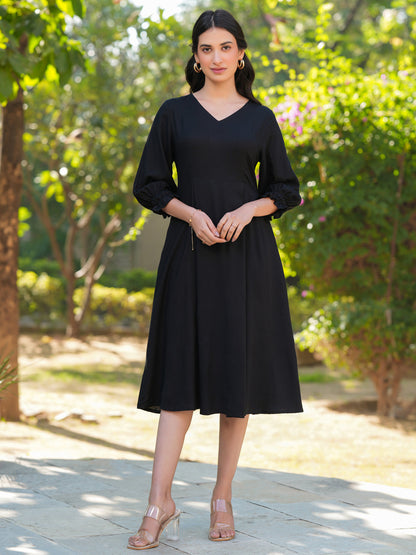 Janasya Dark Rayon Solid A-Line Dress