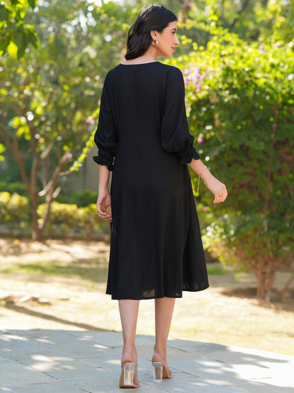 Janasya Dark Rayon Solid A-Line Dress